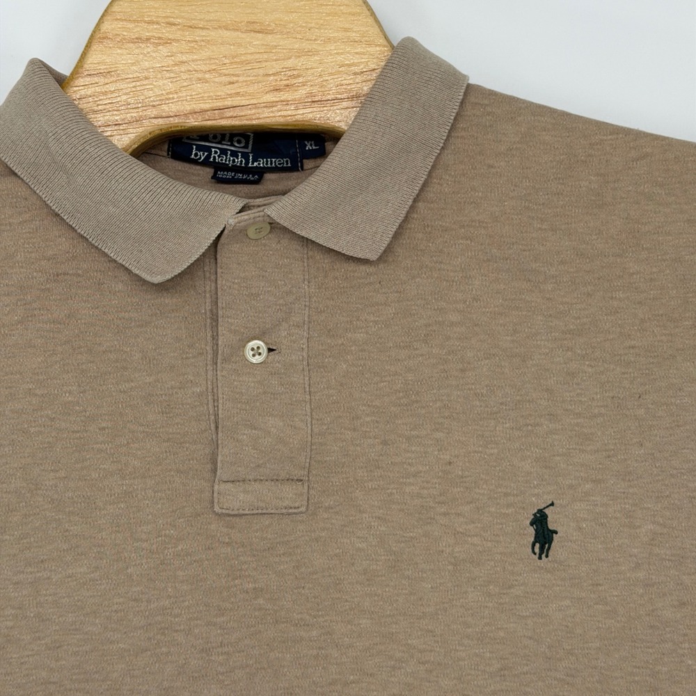 Vintage Polo Ralph Lauren Polo Shirt Mens XL Tan USA Made Cotton Green Pony Prep